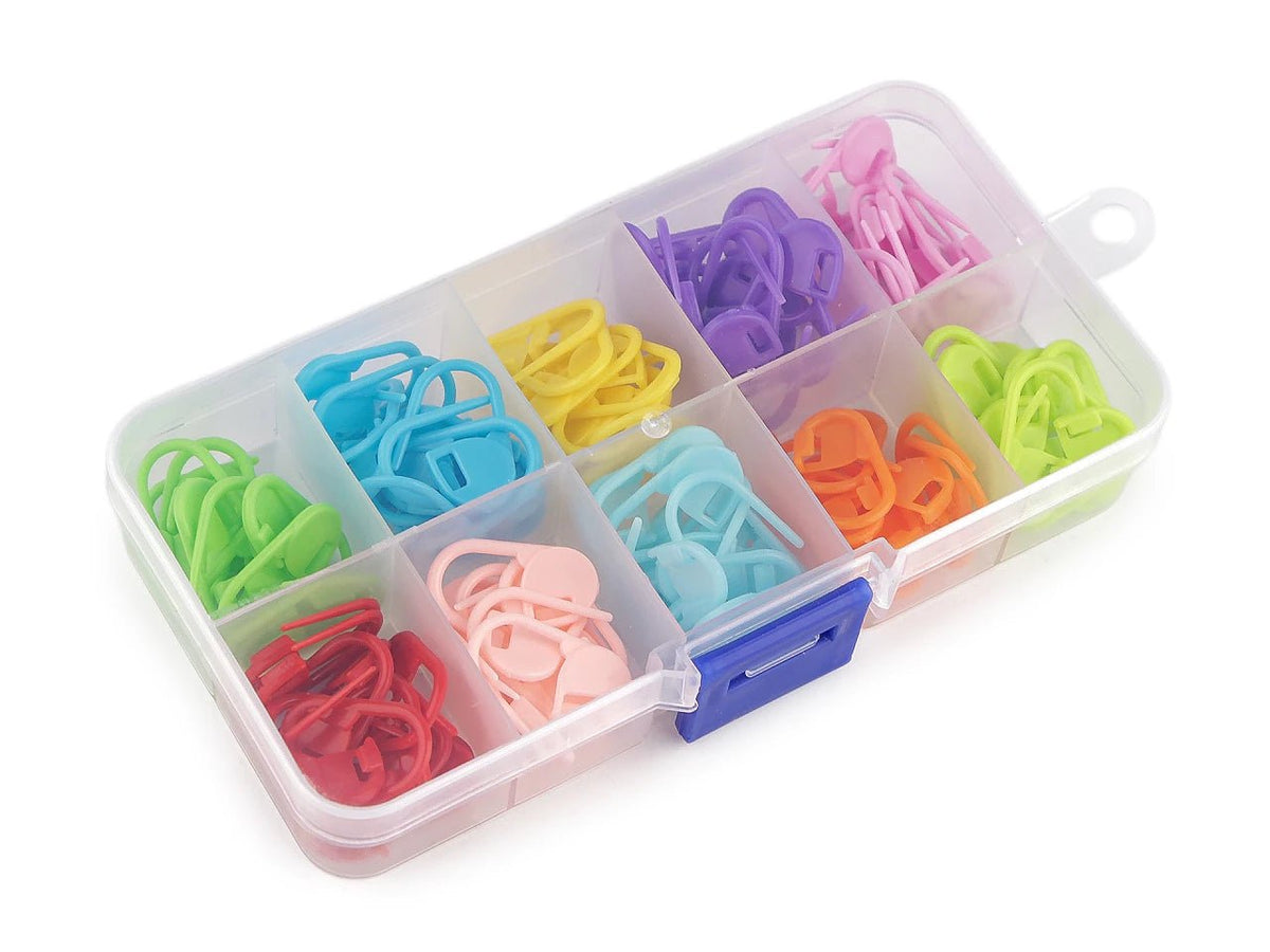 Image of knitting stitch markers / safety pins, 120 pcs in box – available online at Charlotte's Fabrics