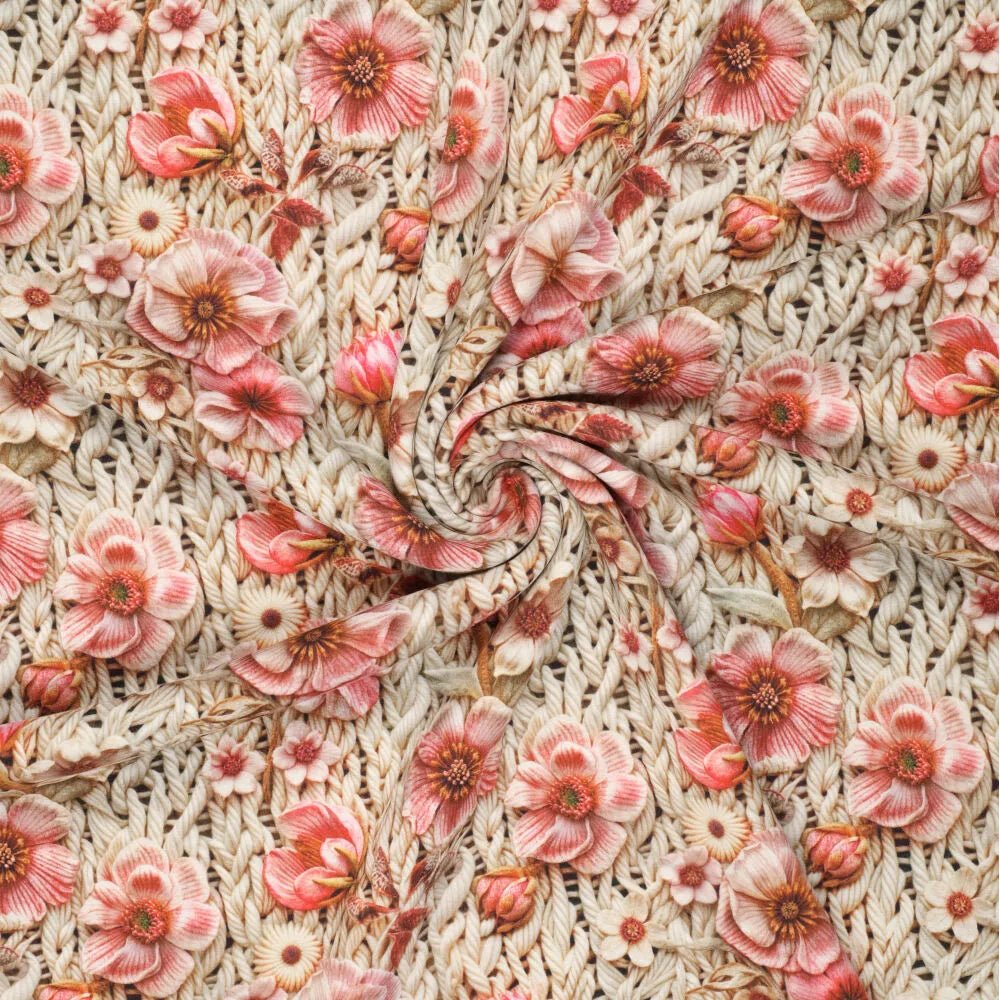 Image with Alpenfleece fabric with flowers – warm knit fabric – available online at Šarlotes audumi
