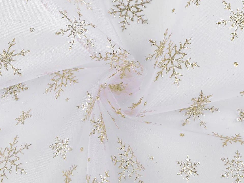 White organza with gold glitter snowflakes – available online at Šarlotes audumi