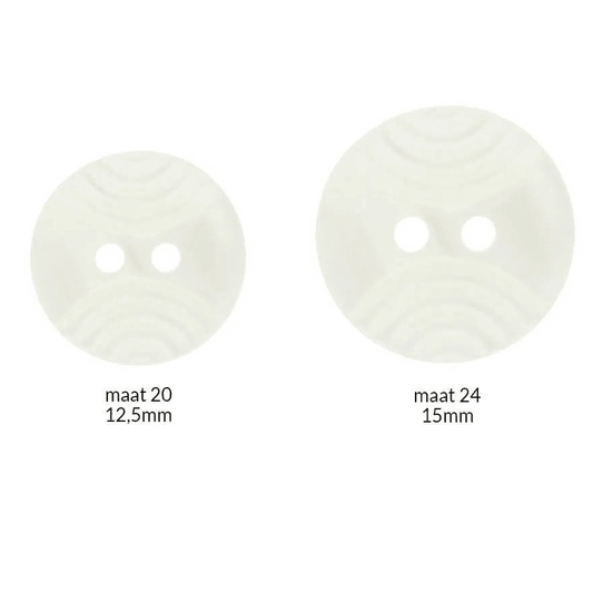White button with a curved embossed pattern and 2 holes – 12.5 mm and 15 mm – available online at Šarlotes audumi