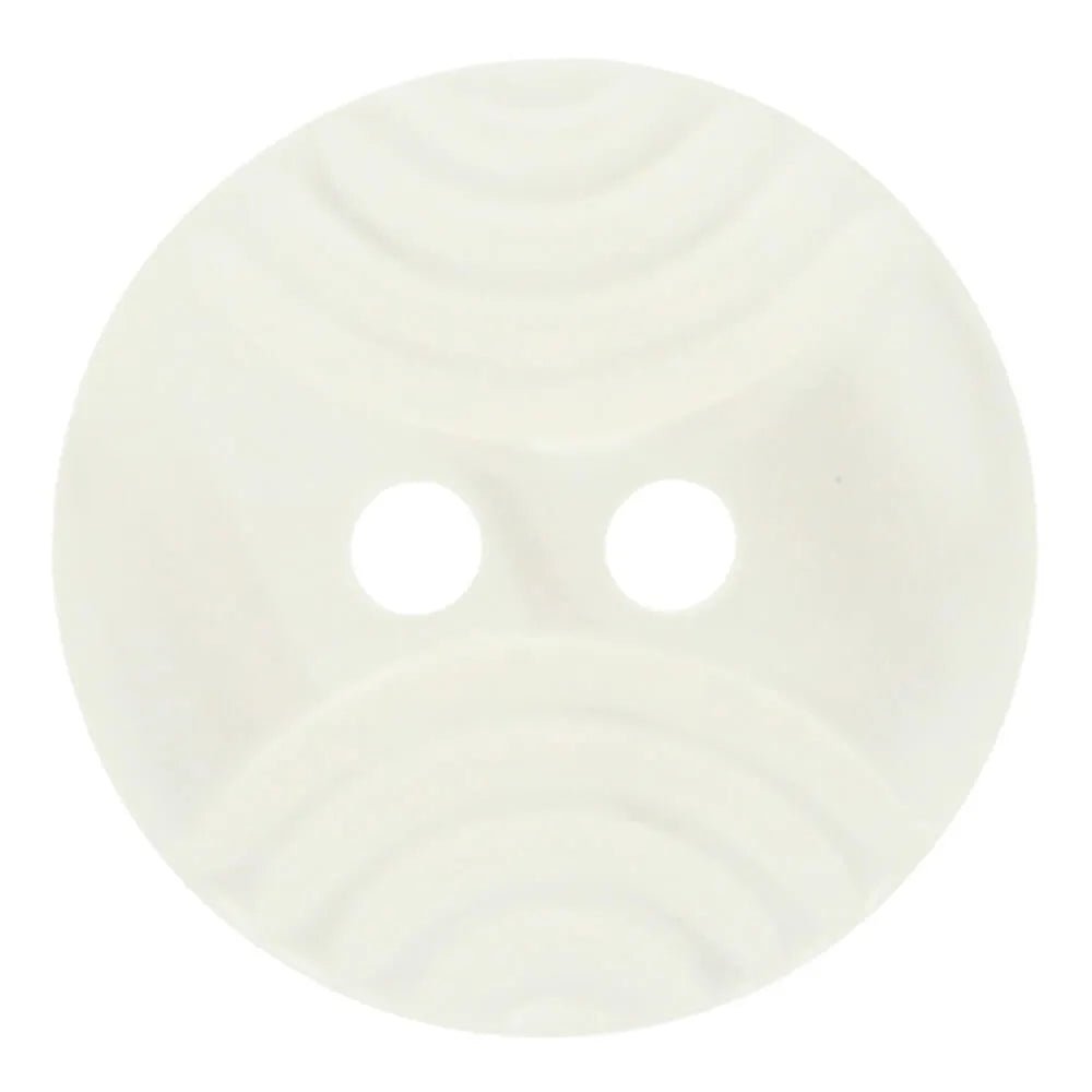 Image of a white button with a raised embossed pattern and 2 holes – 12.5 mm and 15 mm – available online at Šarlotes audumi
