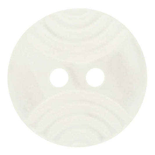 Image of a white button with a raised embossed pattern and 2 holes – 12.5 mm and 15 mm – available online at Šarlotes audumi