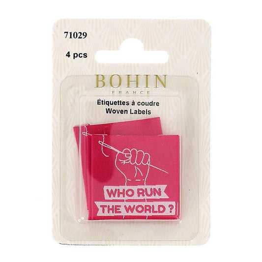 Image of Bohin sew-in clothing labels “Who Run The Word” – 35 × 35 mm, 4 pcs – available online at Šarlotes audumi