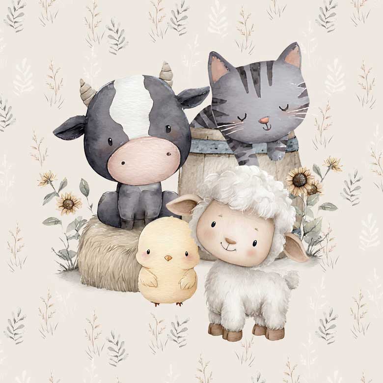 Attēls ar Cilpiņtrikotāžas panelis - jautrā fermas draugu kompānija 250 g/m² | Dizains - 02 – pieejams Šarlotes audumi