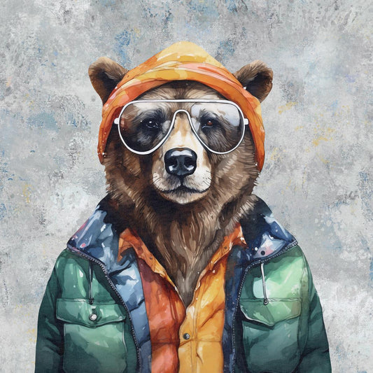 Attēls ar Cilpiņtrikotāžas panelis - stilīgais meža lācis hiberpankstila jakā 250 g/m² | Dizains - 01 – pieejams Šarlotes audumi