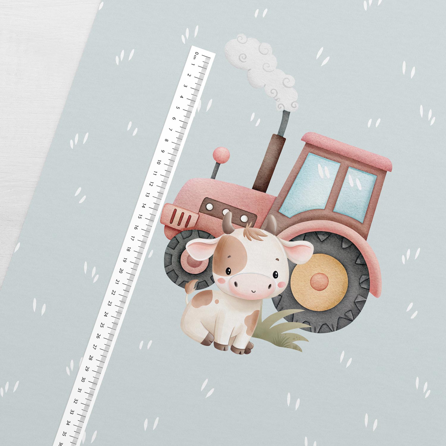 Attēls ar Cilpiņtrikotāžas panelis - teliņš un dūmojošais traktors 250 g/m² | Dizains - 03 – pieejams Šarlotes audumi