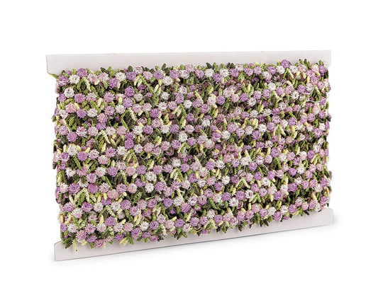 Image of decorative ribbon with 3D flowers – light purple, 15 mm – available online at Šarlotes audumi