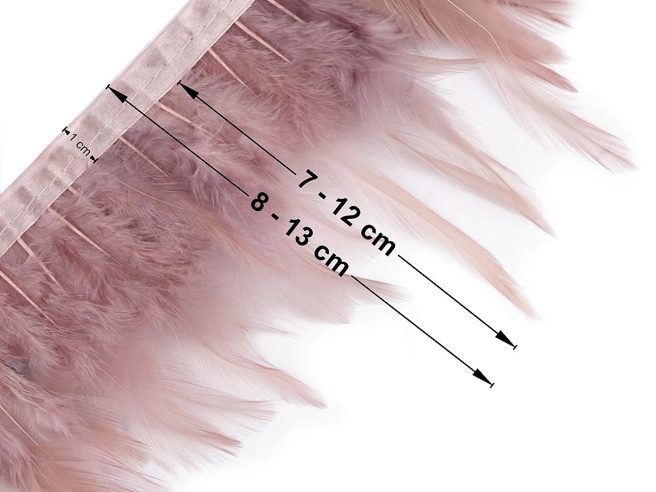 Decorative feather trim, feather length 7–12 cm – available at Šarlotes audumi