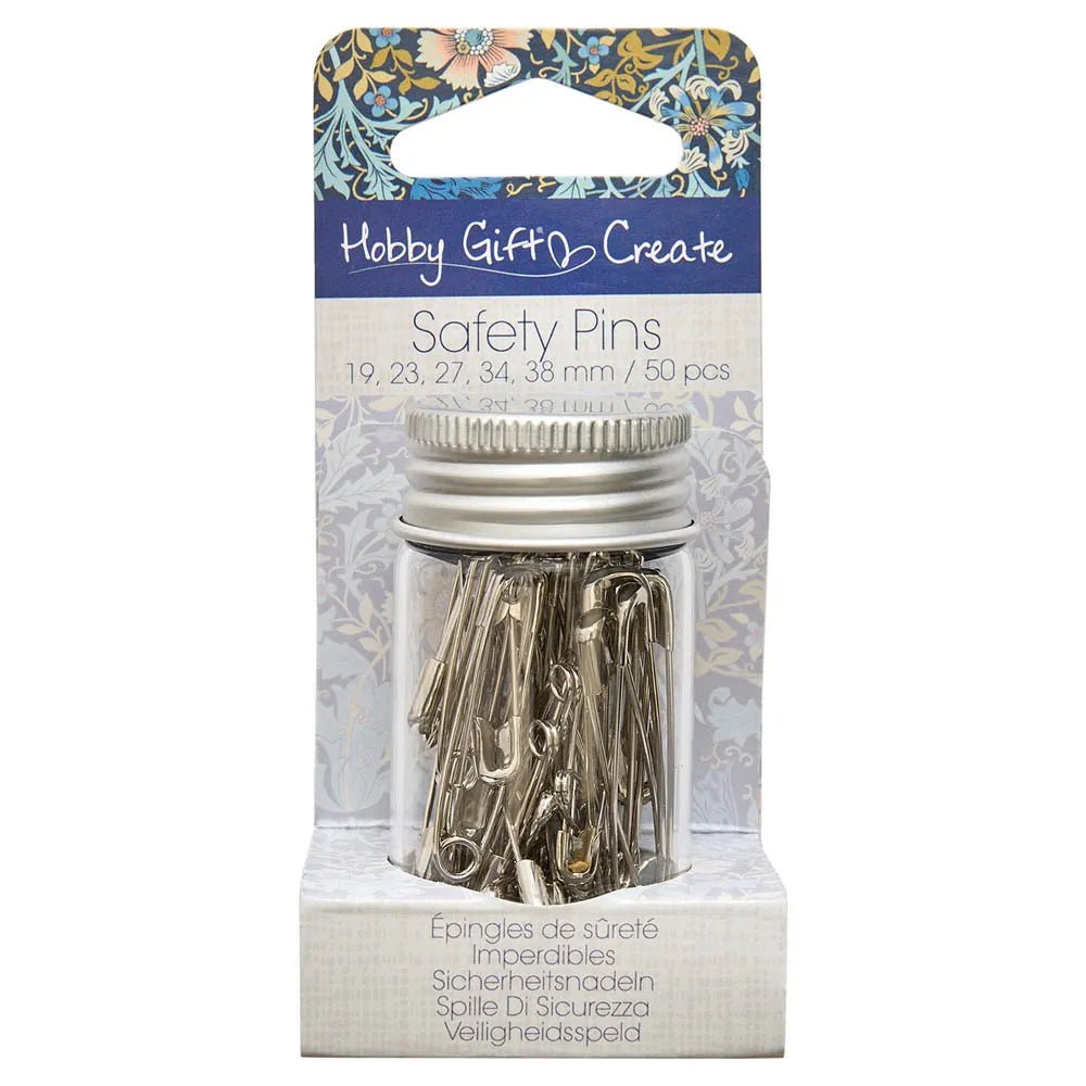 Silver safety pins by Hobby Gift Create, 50 pcs – available at Šarlotes audumi