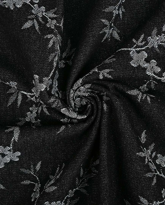 Black floral jacquard denim fabric