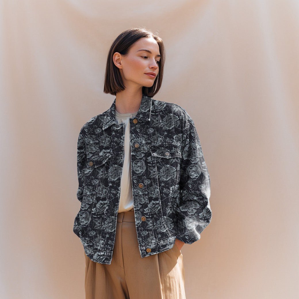 Attēls ar Džinsa žakarda audums ar ziedu rakstu – Flowers (Jeans) 350 g/m² – pieejams Šarlotes audumi