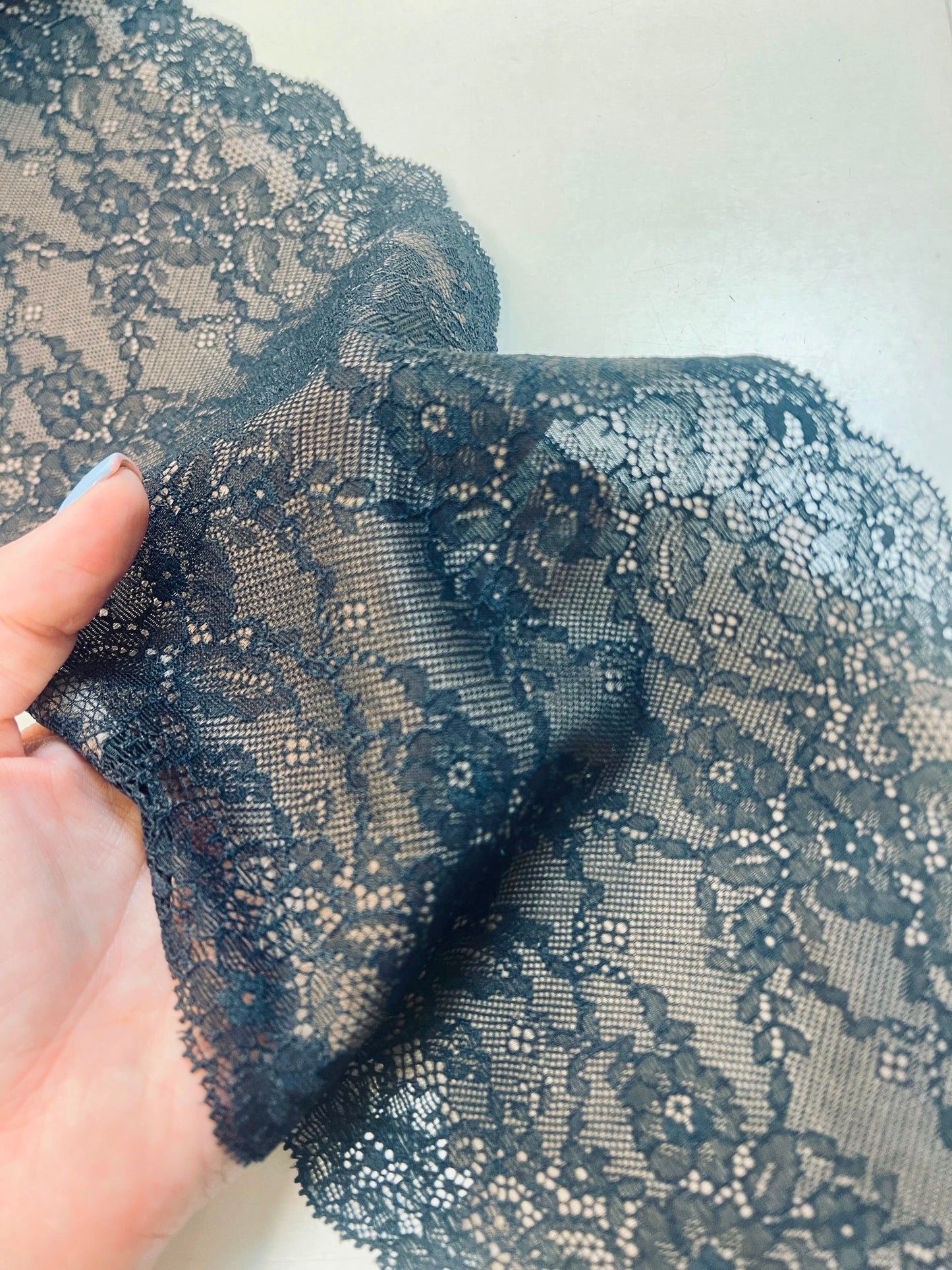 Image of elastic lace, 17 cm, black with a beige base tone – available online at Šarlotes audumi