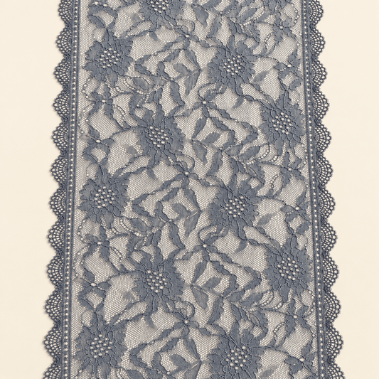 Image of delicate stretch lace 24 cm – dark grey, available online at Šarlotes audumi