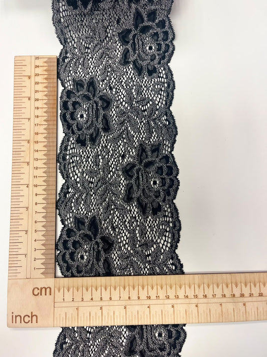 Image of stretch floral lace 14 cm black with grey – available online at Šarlotes audumi