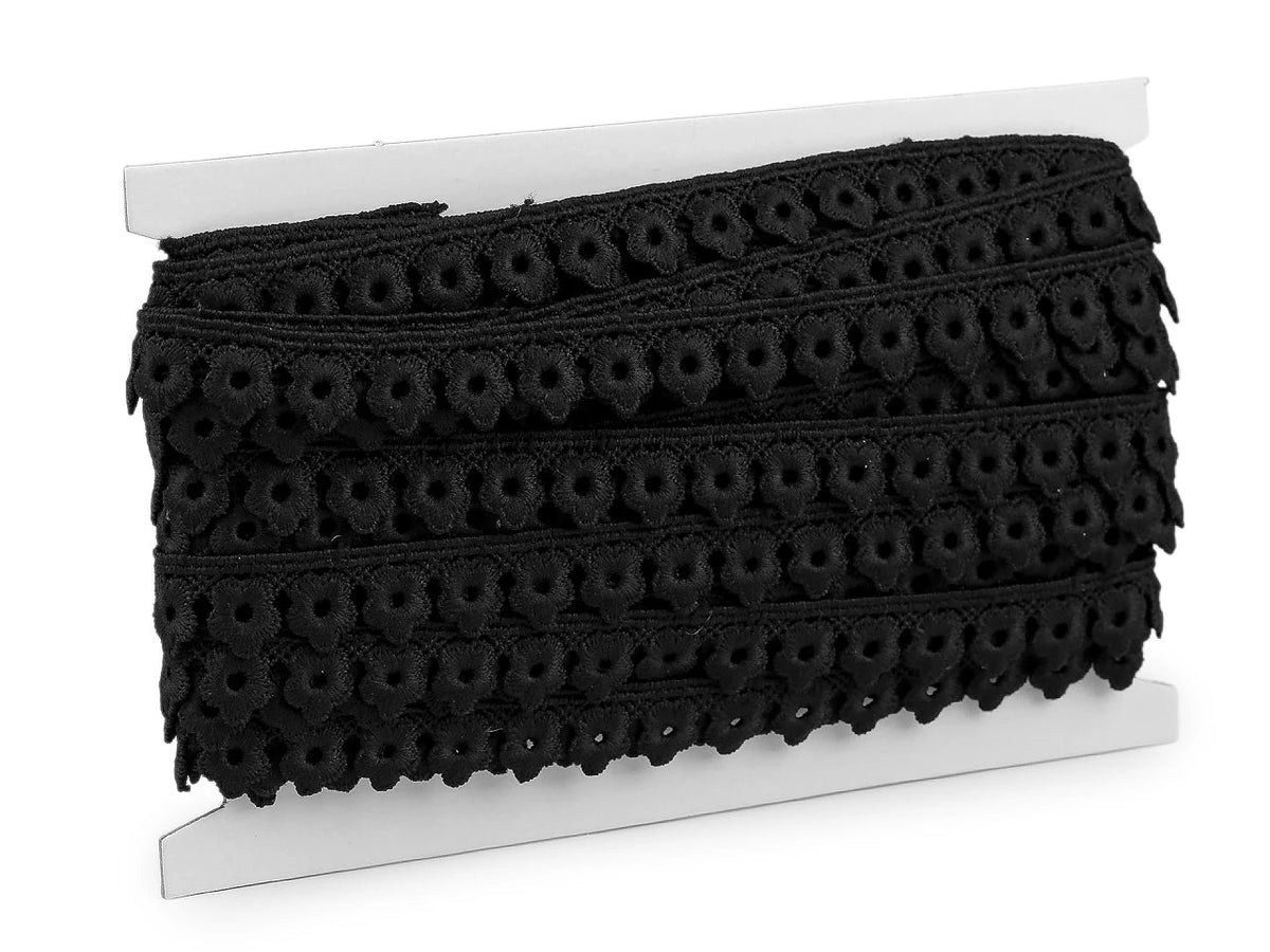 Image of Guipure lace 17 mm – white and black – available online at Šarlotes audumi