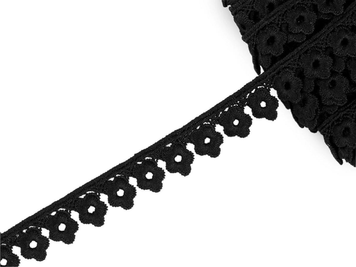 Image of Guipure lace 17 mm – white and black – available online at Šarlotes audumi