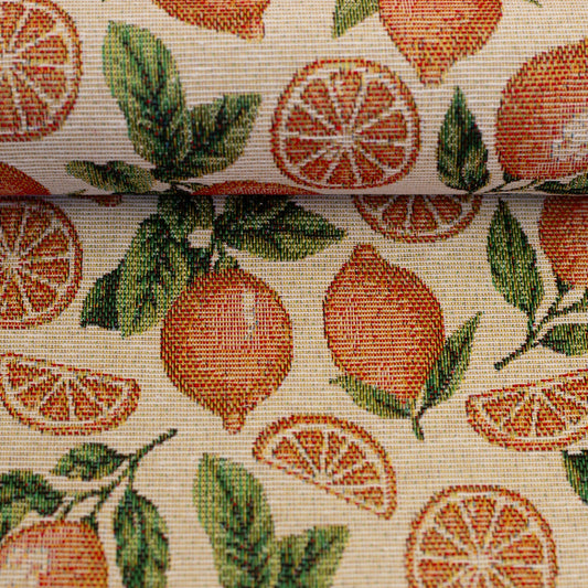Image of a tapestry with lemons on a beige background – available online at Charlotte's Fabrics