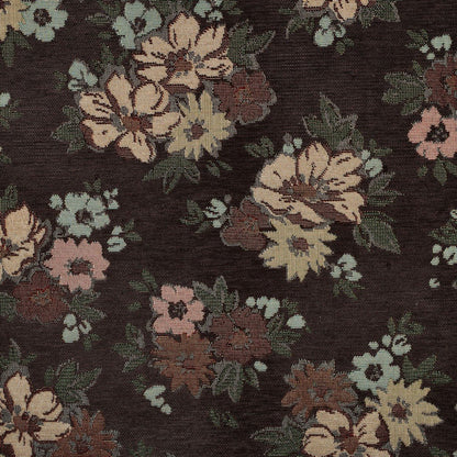 Image of tapestry flowers with gold accents on a brown background – available online at Charlotte's Fabrics
