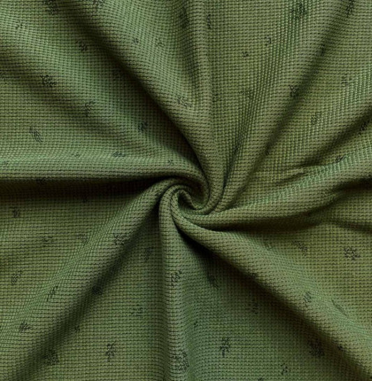 Cotton waffle knit fabric – khaki green with a fine pattern 220 g/m²
