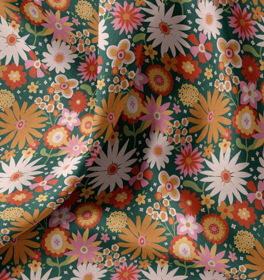 Premium 100% puuvillane kangas – lilled rohelisel taustal 115 g/m²