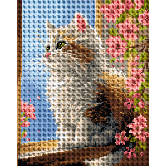Attēls ar Izšūšanas komplekts MALVINA – Kaķis pie loga, 24 × 30 cm – pieejams internetā Šarlotes audumi