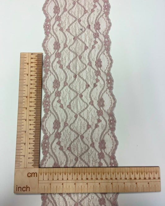 Image of embroidered lace on tulle, 16 cm, gray with powder pink accents – available online at Charlotte's Fabrics