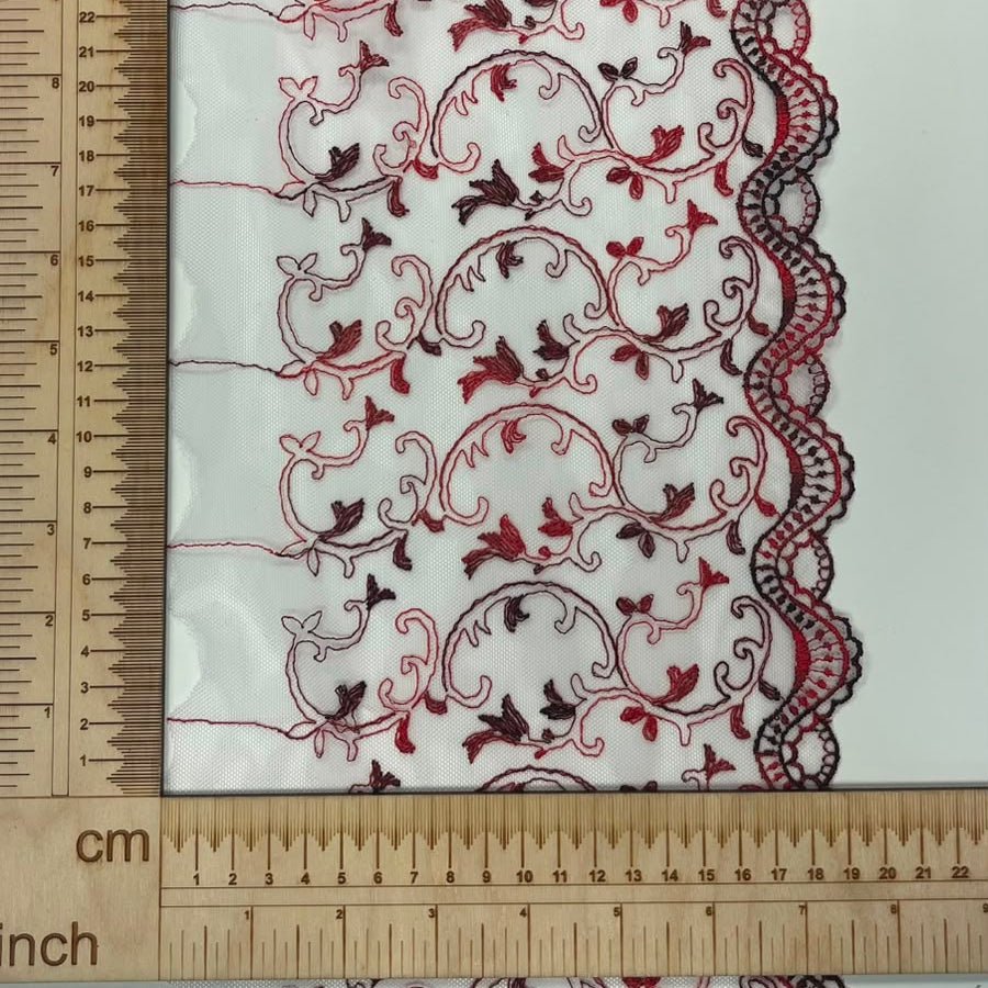 Image of embroidered lace on tulle, 20 cm, white with red accents – available online at Šarlotes audumi