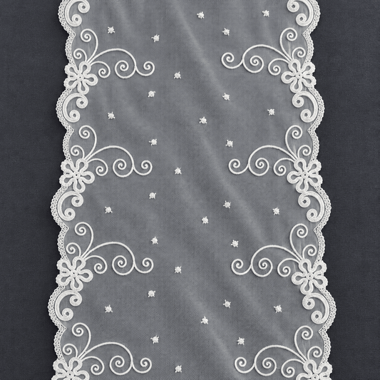 Image of 20 cm embroidered lace on tulle, milk white with gold accents – available online at Šarlotes audumi