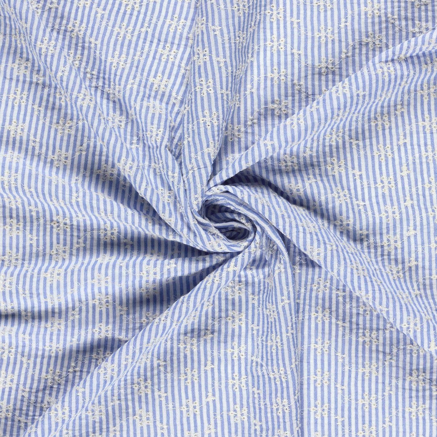 Attēls ar Izšūts kokvilnas audums - balts puķīšu motīvs ar līnijam 180 g/m² – pieejams Šarlotes audumi