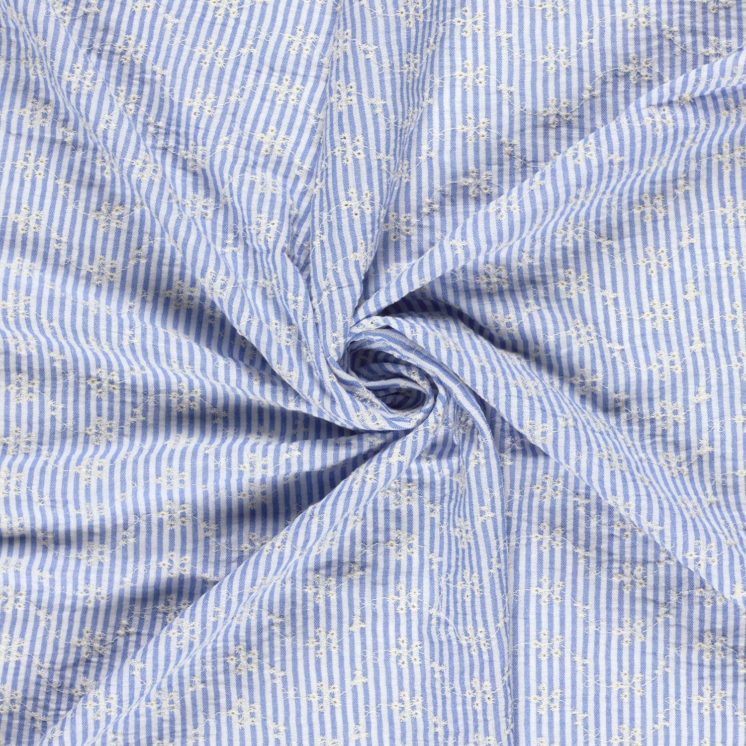 Attēls ar Izšūts kokvilnas audums - balts puķīšu motīvs ar līnijam 180 g/m² – pieejams Šarlotes audumi