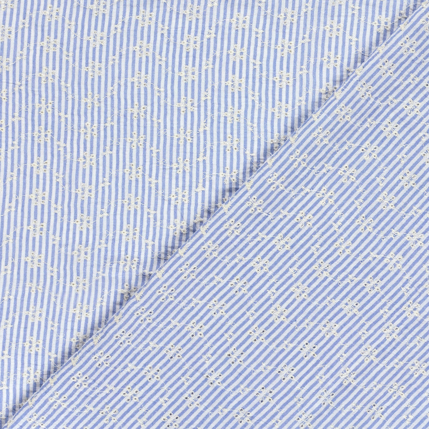 Attēls ar Izšūts kokvilnas audums - balts puķīšu motīvs ar līnijam 180 g/m² – pieejams Šarlotes audumi