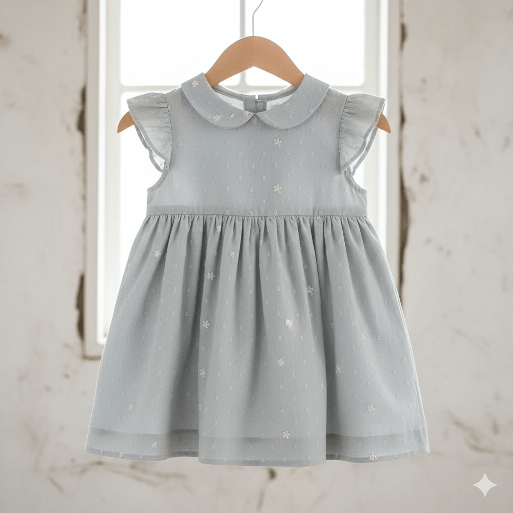 Attēls ar Izšūts kokvilnas audums - puķītes uz gaiši pelēka fona 70 g/m² – pieejams Šarlotes audumi