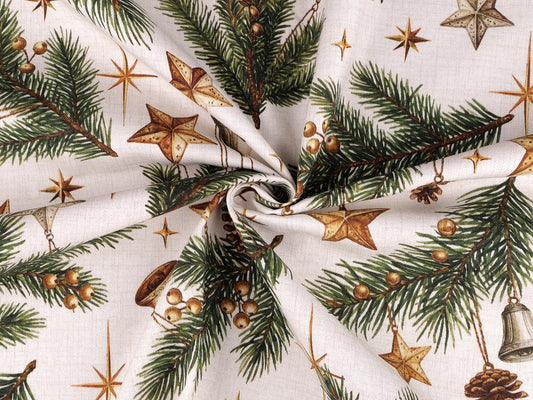 Image of canvas fabric with spruce branch and decorations – available online at Šarlotes audumi