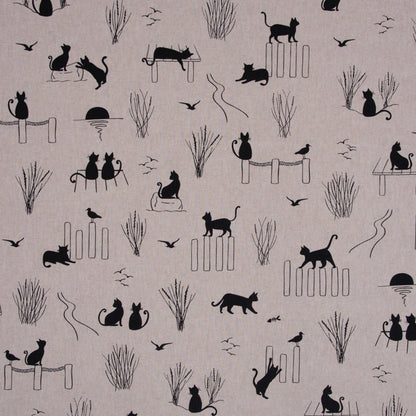 Image of canvas fabric with lazy cat life – available online Šarlotes audumi