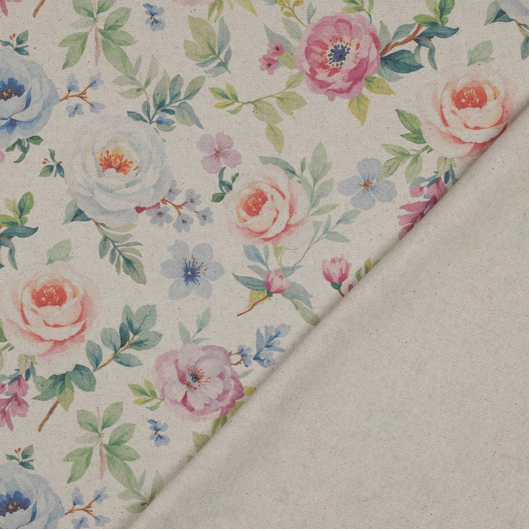 Image de tissu canvas - fleurs sur fond couleur lin 220 g/m² – disponible chez Šarlotes audumi