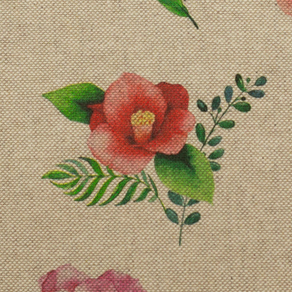 Image with canvas fabric flowers on a linen-toned background – available online at Šarlotes audumi