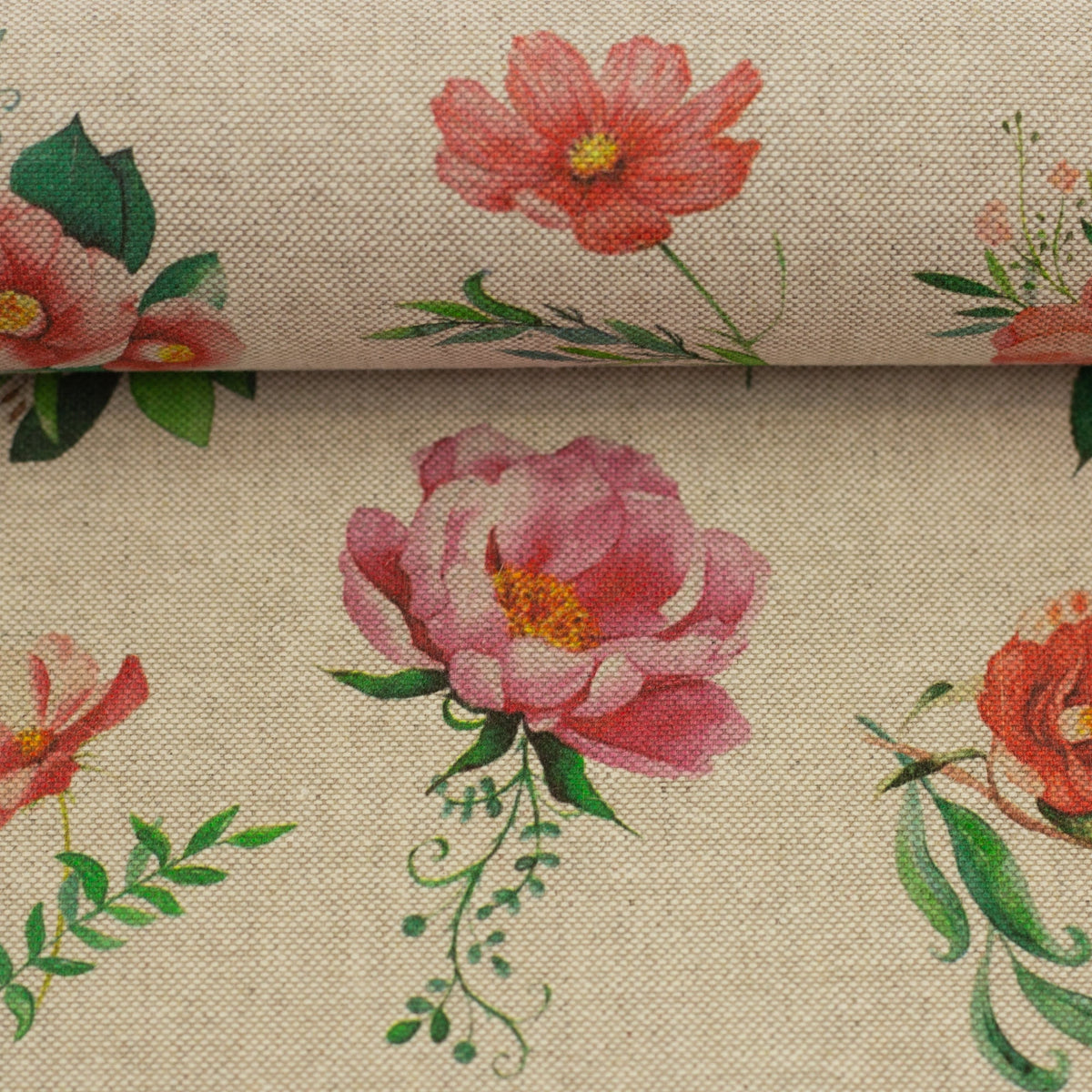 Image with canvas fabric flowers on a linen-toned background – available online at Šarlotes audumi