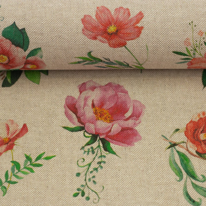 Image with canvas fabric flowers on a linen-toned background – available online at Šarlotes audumi