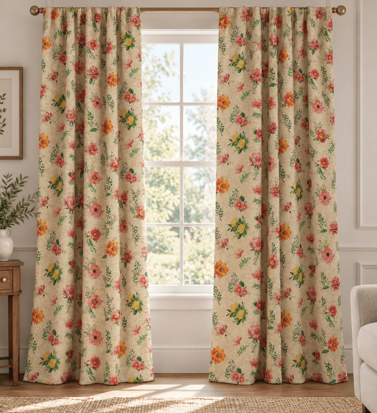 Image with canvas fabric flowers on a linen-toned background – available online at Šarlotes audumi