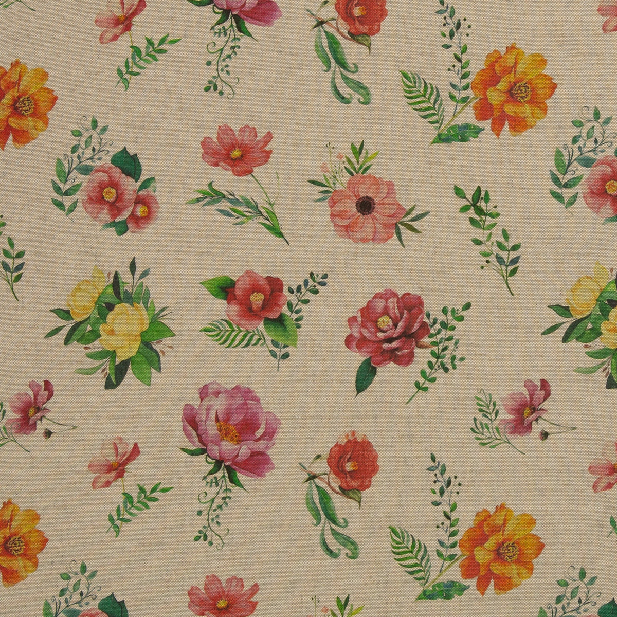 Image with canvas fabric flowers on a linen-toned background – available online at Šarlotes audumi