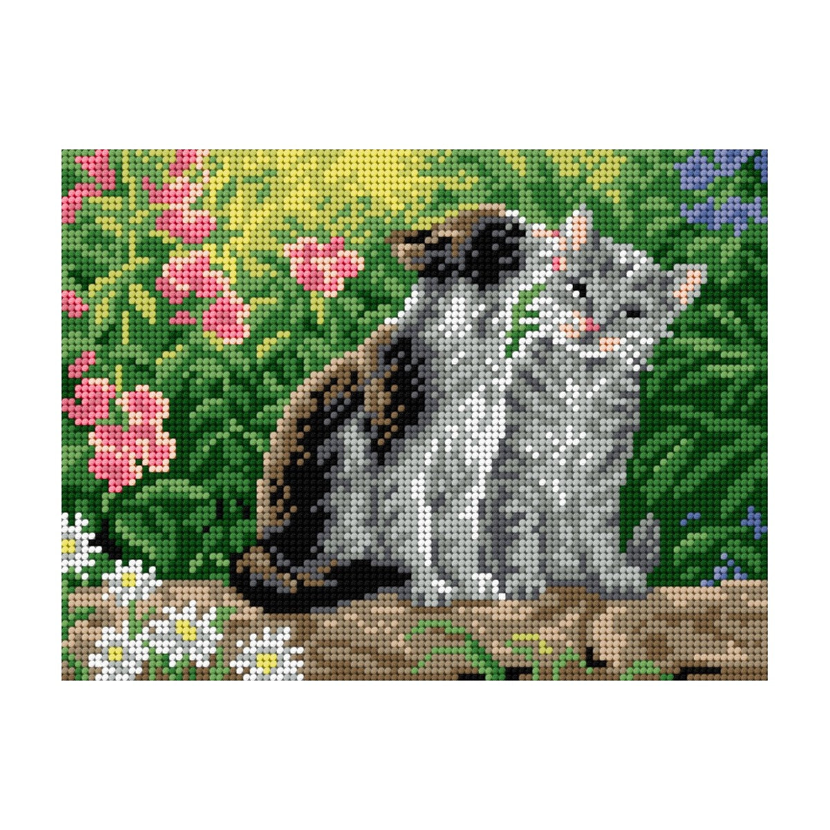 Izšūšanas kanva ar apdrukātu rakstu – Kaķi ziedu dārzā, 18 × 24 cm
