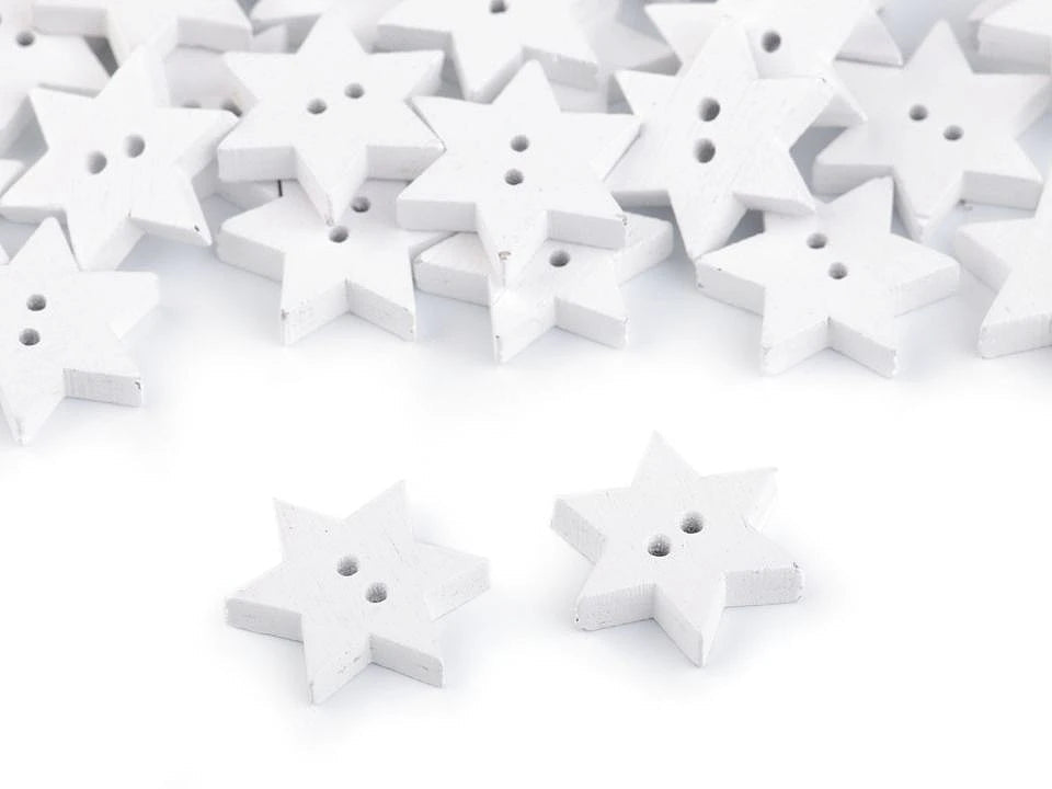 Image of a 15 mm star-shaped wooden button – decorative button with 2 holes – available online at Šarlotes audumi