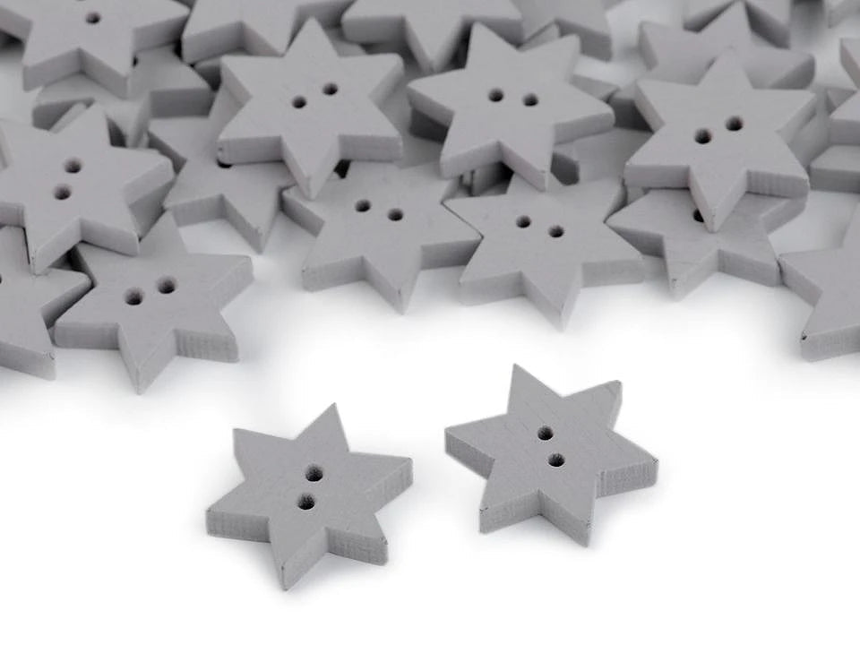 Image of a 15 mm star-shaped wooden button – decorative button with 2 holes – available online at Šarlotes audumi