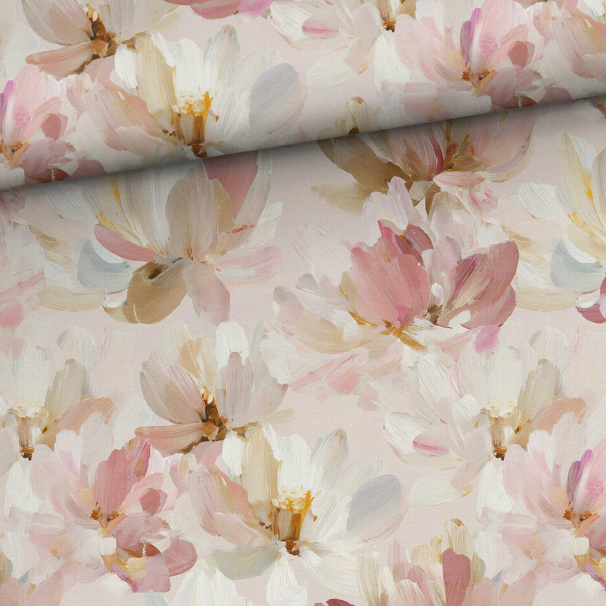 Cotton loopback knit image with painted magnolias in pastel tones – available online at Charlotte's Fabrics