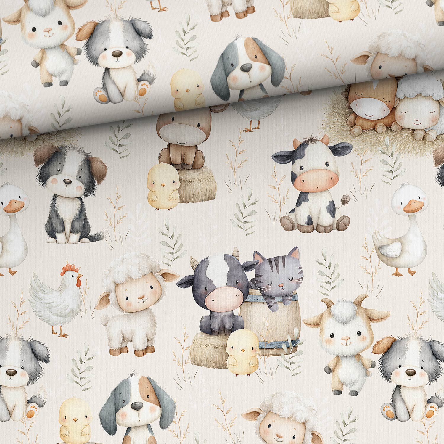 Image en jersey bouclette en coton - joyeuse bande d’amis de la ferme 250 g/m² | Design - 02 – disponible chez Šarlotes audumi