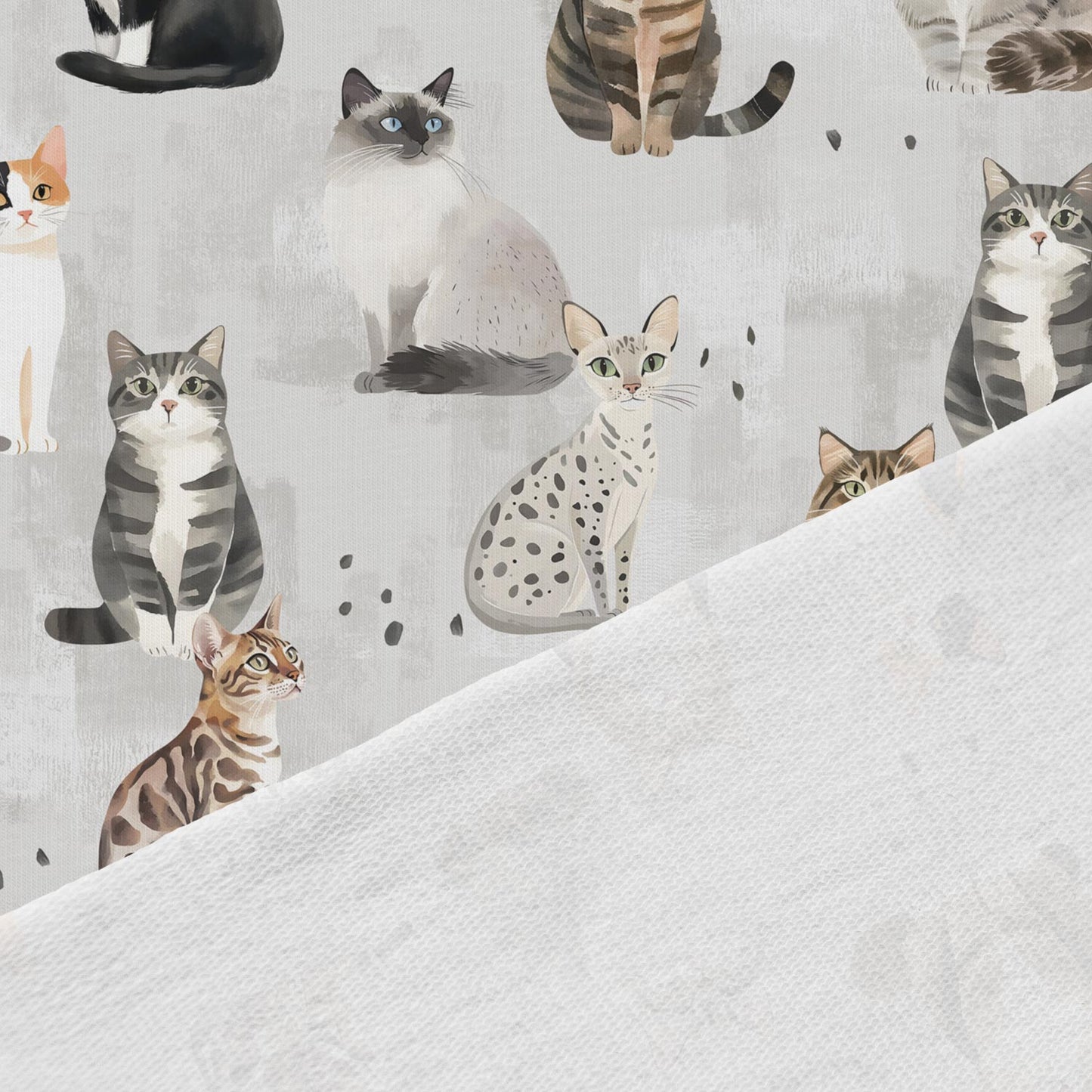 Image of a cotton loopback knit cat on a gray background – available online at Šarlotes audumi