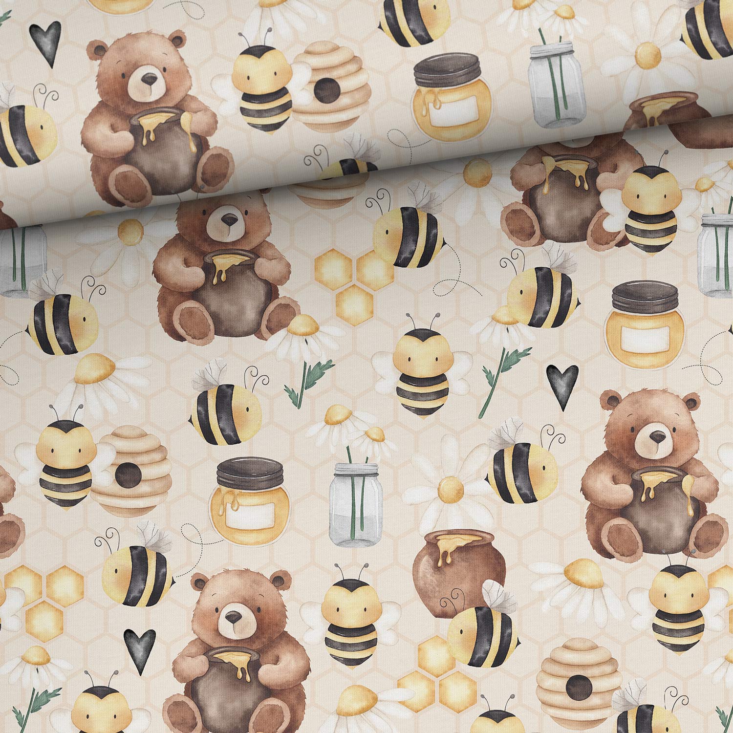 Cotton loop-knit teddy bears and bees – available online at Šarlotes audumi