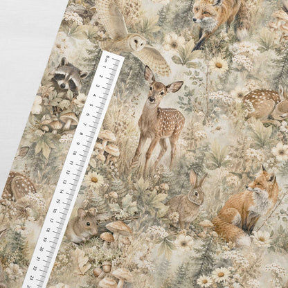 Attēls ar Kokvilnas cilpiņtrikotāža-meža iemītnieki ziedu ieskāvumā – pieejams internetā Šarlotes audumi