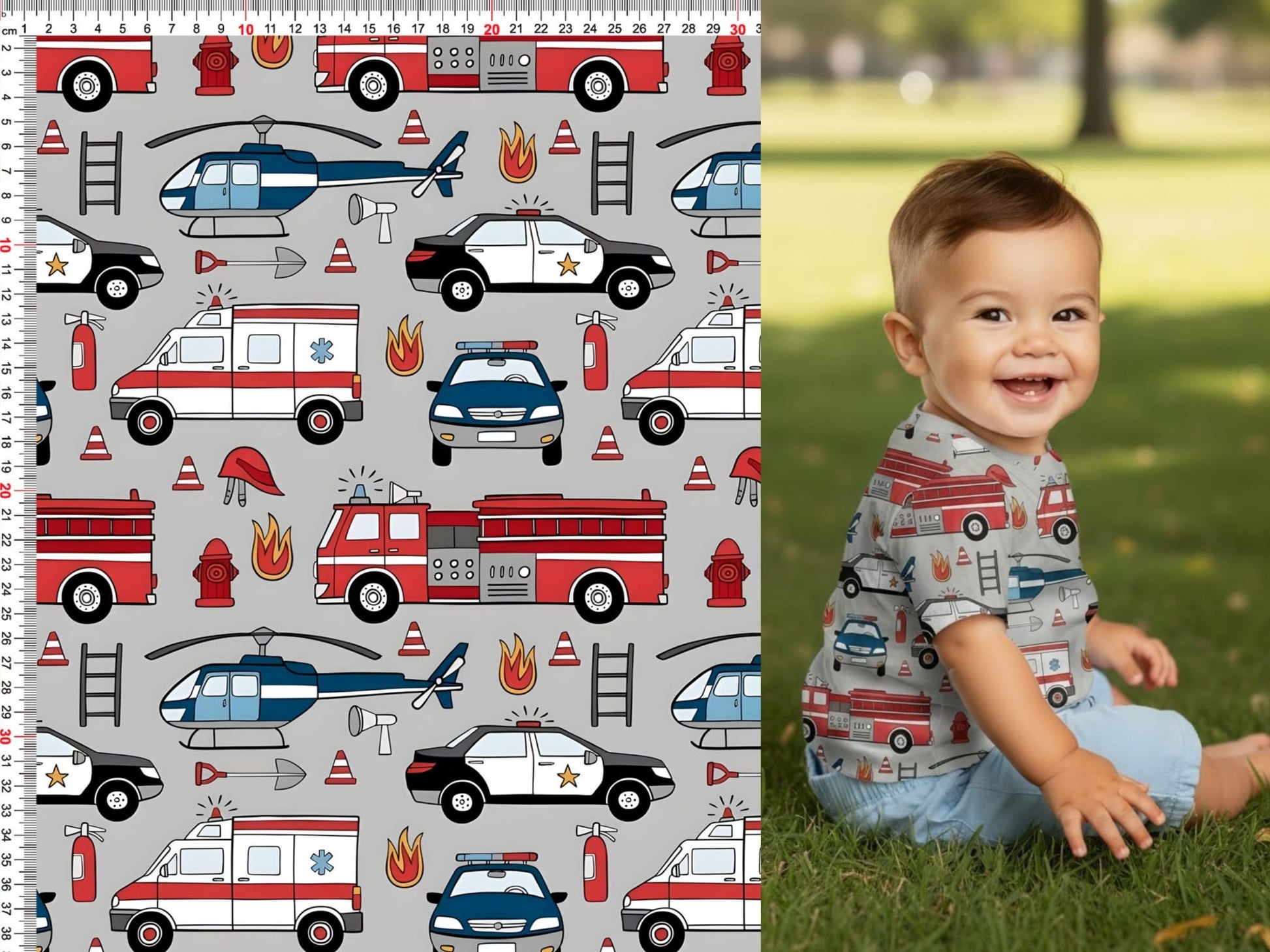 Image de tissu en maille bouclette en coton - police et pompiers 250 g/m² – disponible chez Šarlotes audumi