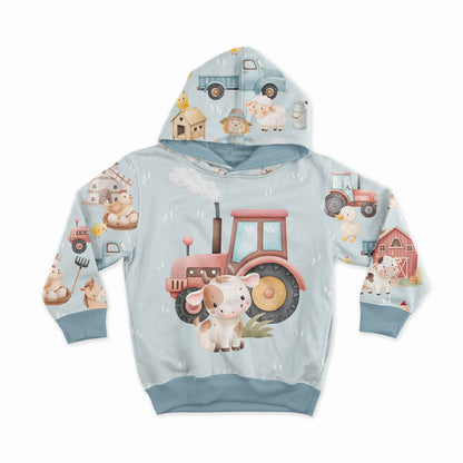 Image en maille bouclée en coton - vie à la ferme colorée sur fond bleu clair 250 g/m² | Design - 03 – disponible chez Šarlotes audumi